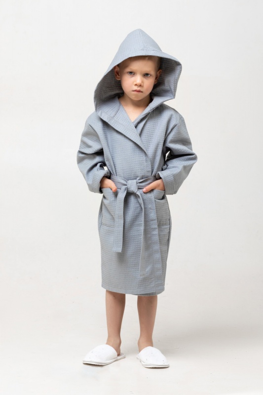 Детский вафельный халат с капюшоном (Серый)